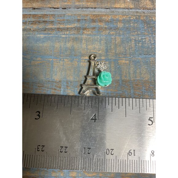 Eiffel Tower Charm Pendant With Turquoise Rose & Clear Rhinestone Accent - Picture 2 of 4